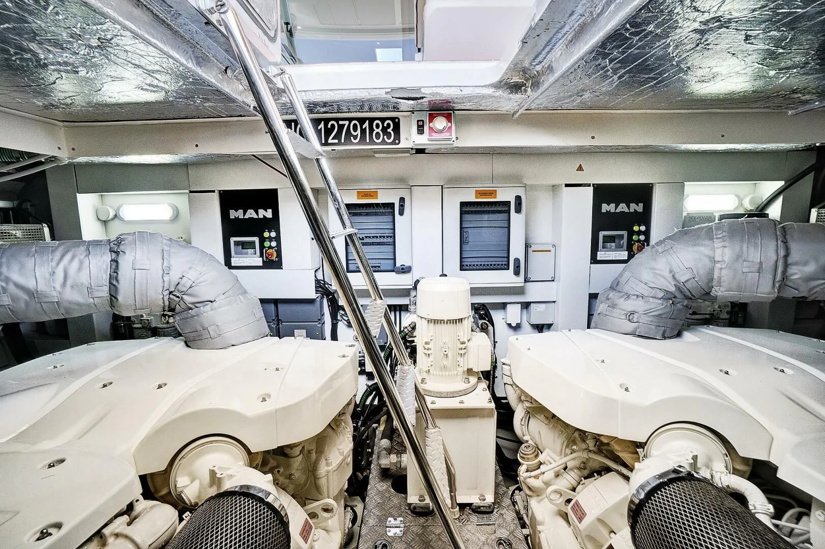 a room with pipes and equipment aboard ONCE AROUND Yacht for Sale