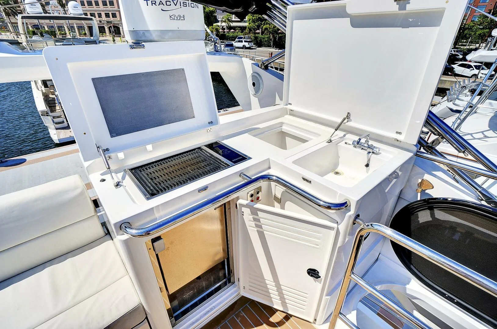 a white boat with a laptop on it aboard ONCE AROUND Yacht for Sale