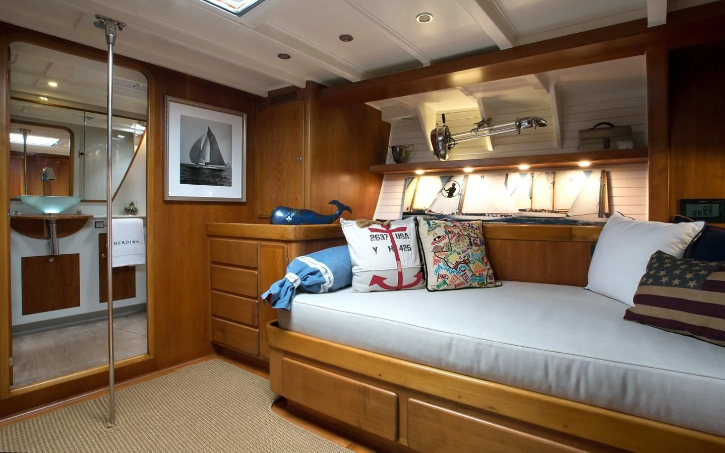 a bed in a room aboard HEROINA Yacht for Sale