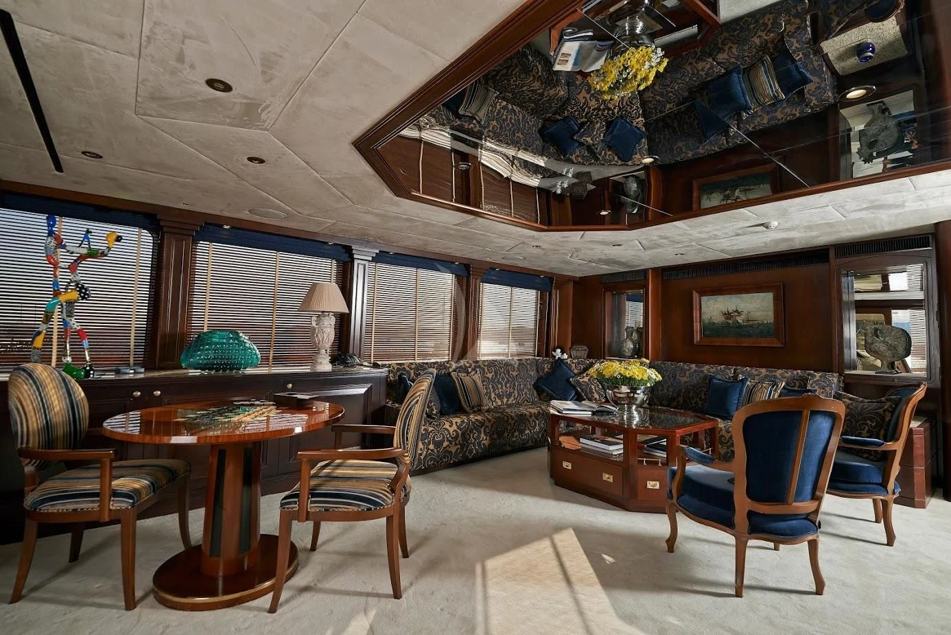 a living room with a large ceiling aboard THE MERCY BOYS Yacht for Sale