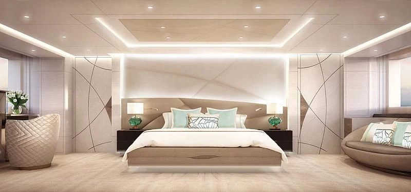 a large bed in a room aboard ARKADIA Yacht for Charter