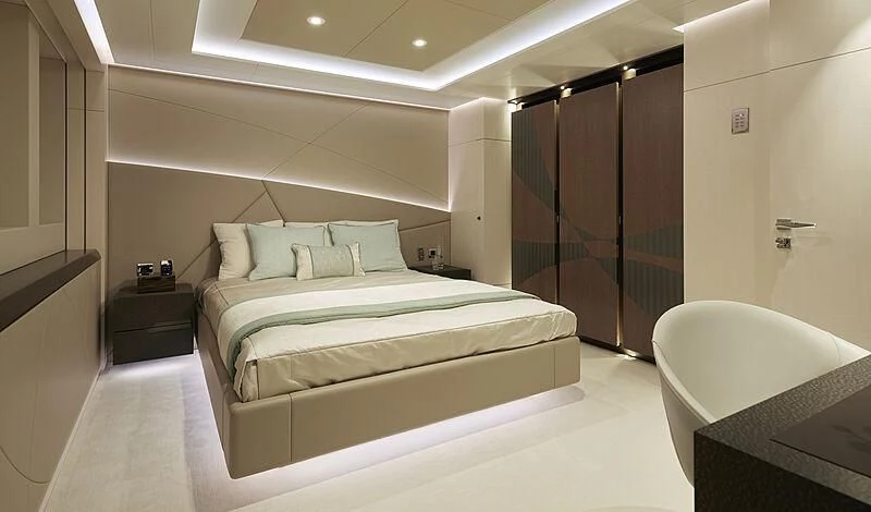 a bed in a room aboard ARKADIA Yacht for Charter