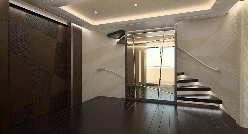 a hallway with glass doors aboard ARKADIA Yacht for Charter