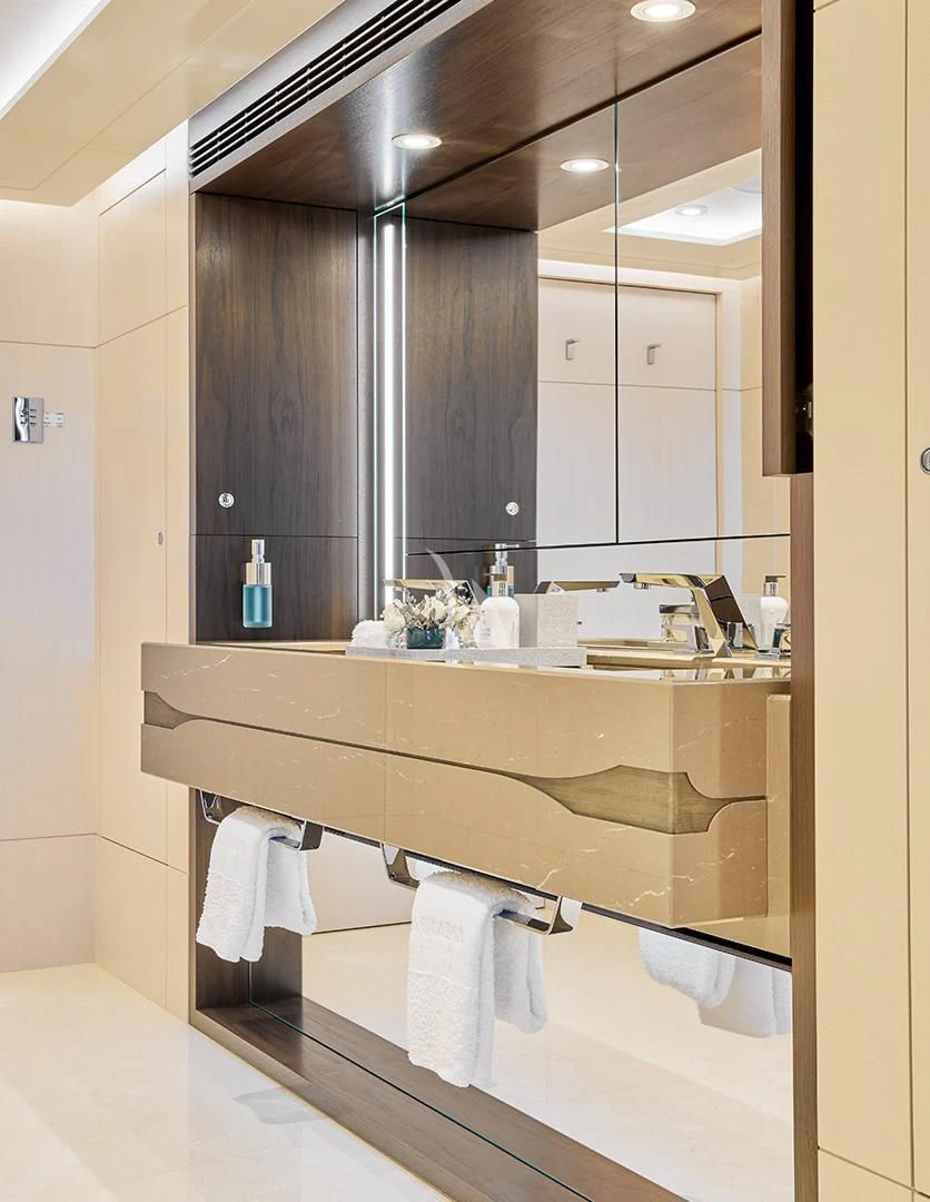 a bathroom with a large mirror aboard ARKADIA Yacht for Charter