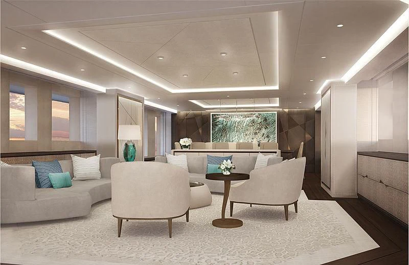a living room with a couch and a coffee table aboard ARKADIA Yacht for Charter