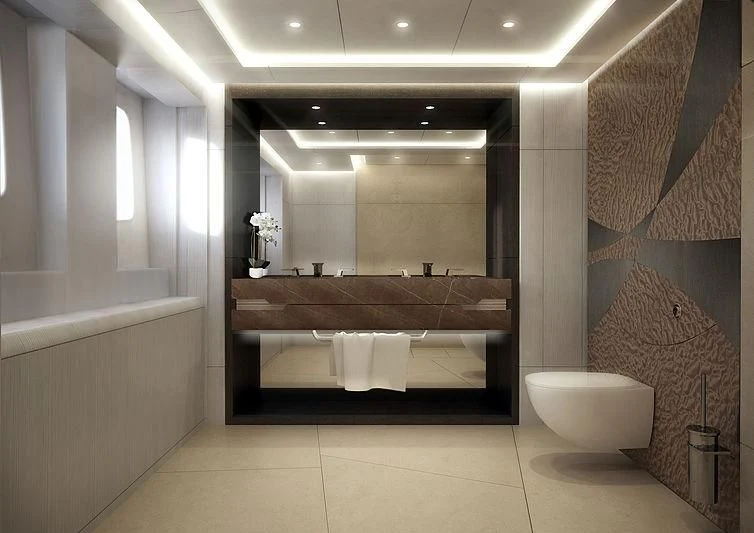 a bathroom with a large mirror aboard ARKADIA Yacht for Charter