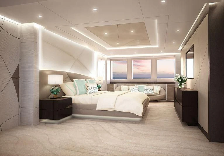 a bedroom with a large bed aboard ARKADIA Yacht for Charter