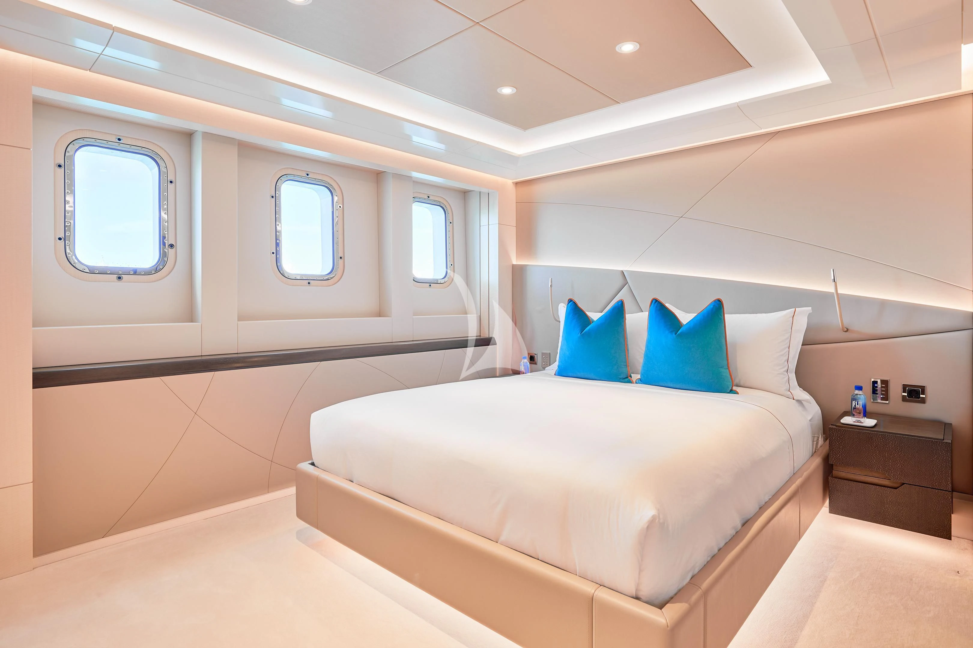 a room with a bed and a window aboard ARKADIA Yacht for Charter