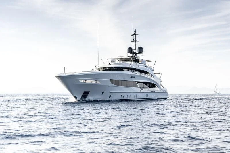 a white yacht in the water aboard ARKADIA Yacht for Charter