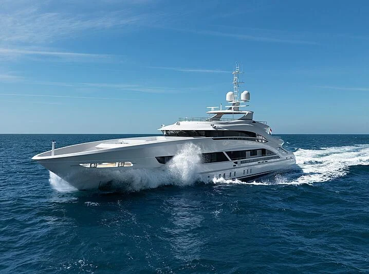 a white yacht in the water aboard ARKADIA Yacht for Charter