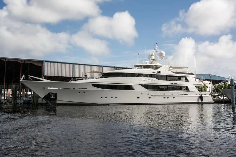 a white yacht docked aboard SEANASH Yacht for Sale