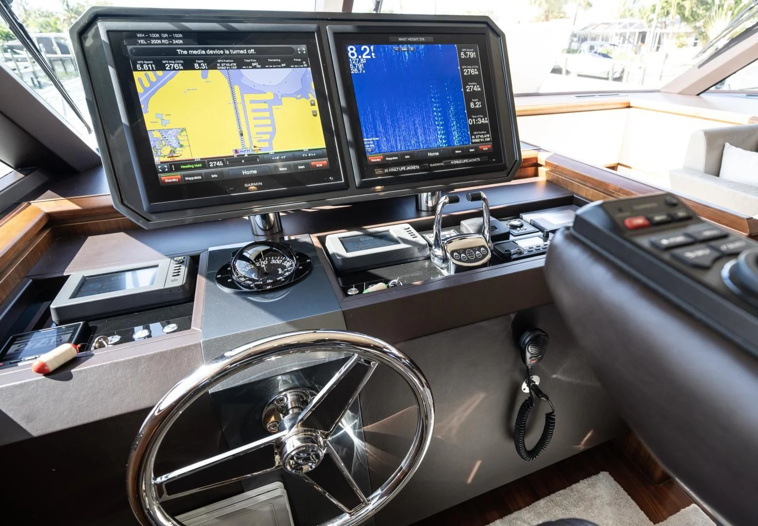 a desk with two computer monitors aboard SANCTUARY Yacht for Sale