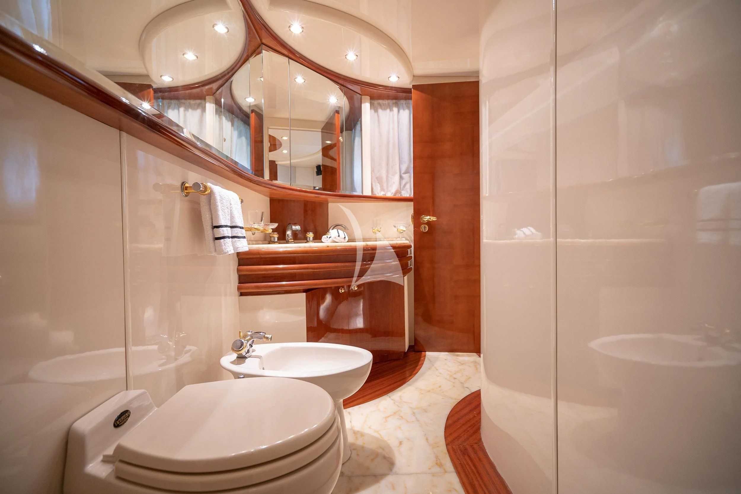 a bathroom with a glass shower aboard ESTIA ZEUS Yacht for Charter