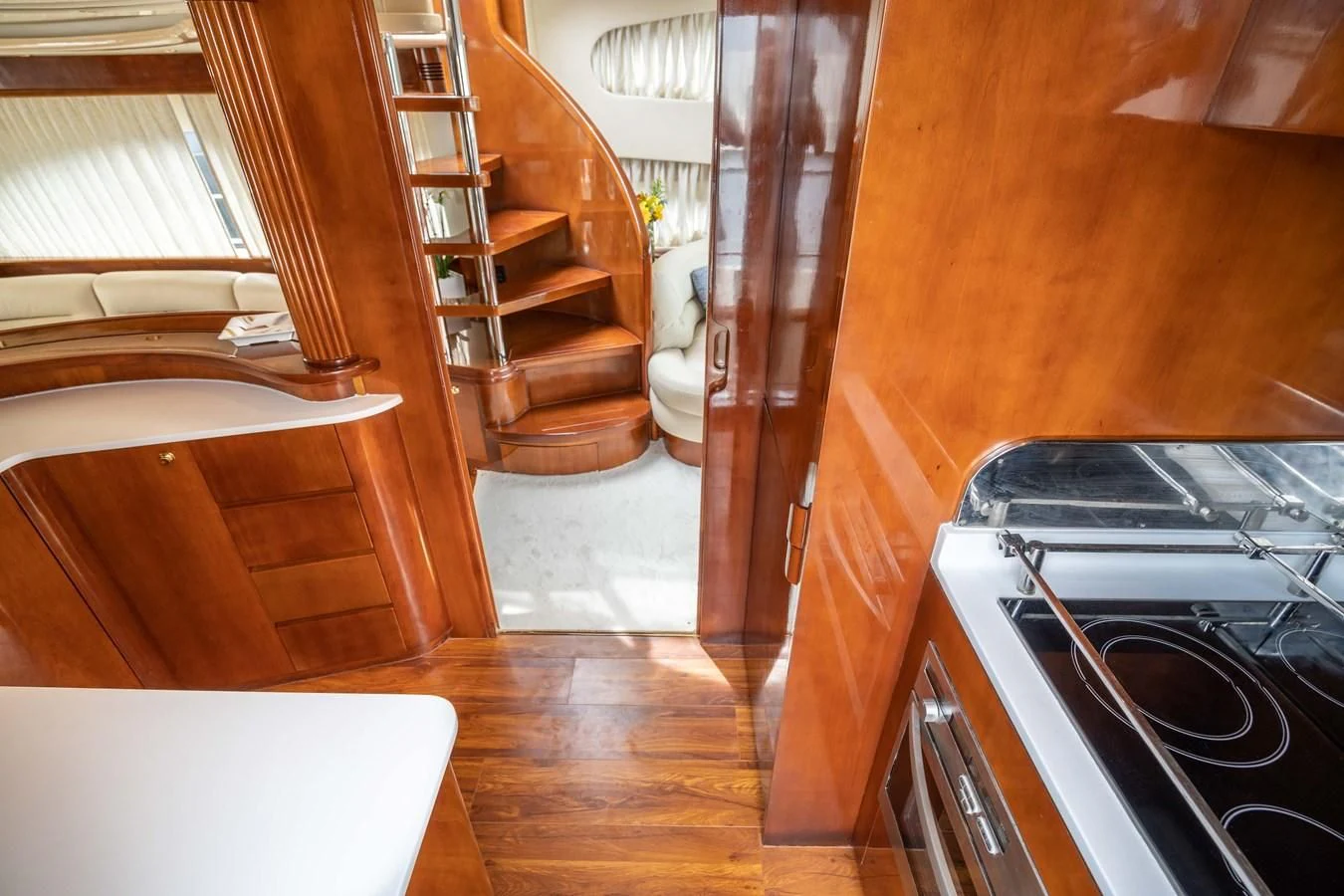 a kitchen with wooden floors aboard ESTIA ZEUS Yacht for Charter