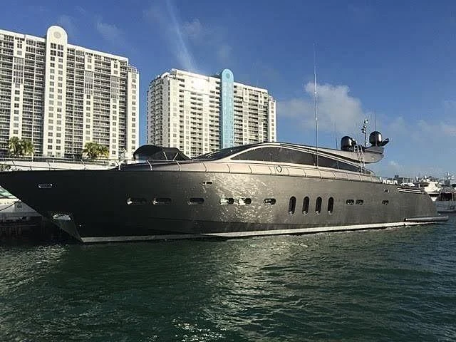 a large ship in the water aboard DARK KNIGHT Yacht for Sale