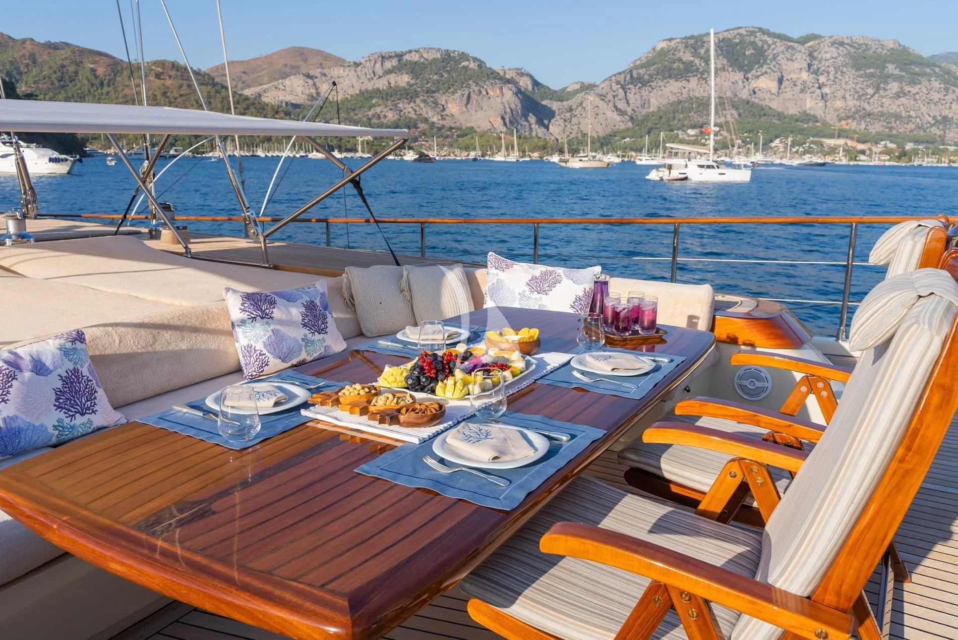 a boat with food on it aboard DAIMA Yacht for Sale