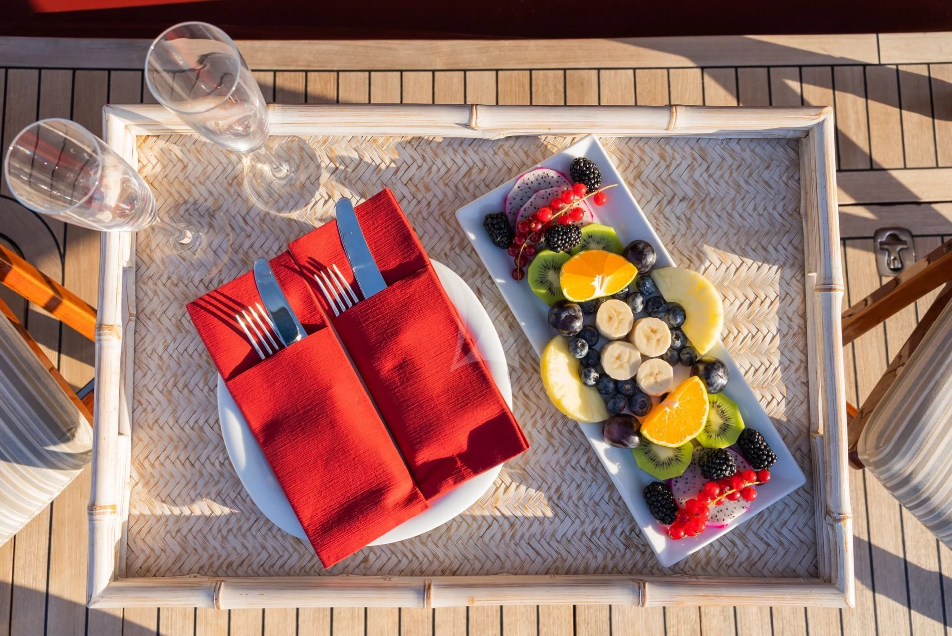 a tray of food aboard DAIMA Yacht for Sale
