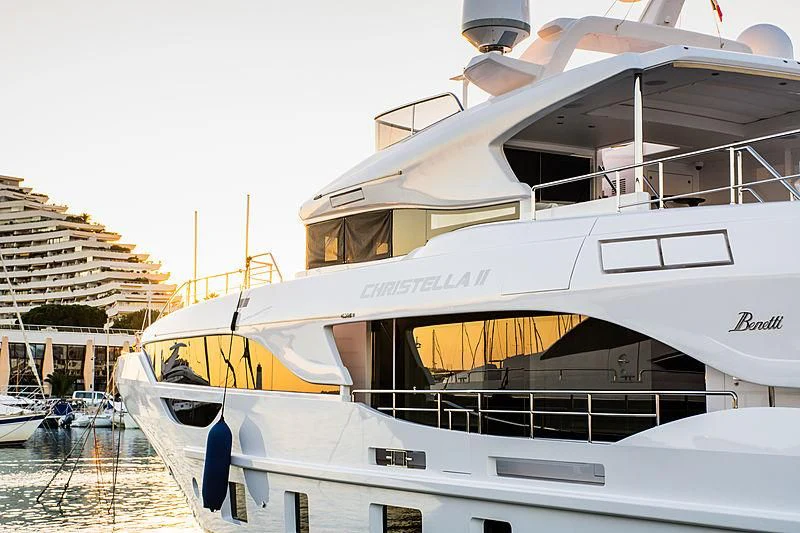 a boat docked at a pier aboard CHRISTELLA II Yacht for Sale