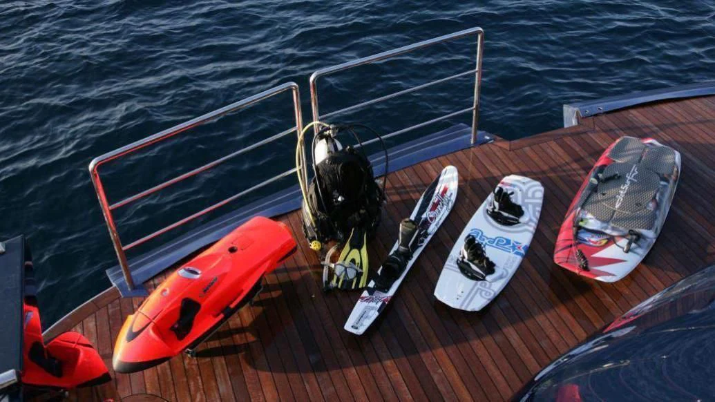 a boat with a helmet on it aboard BURKUT Yacht for Sale