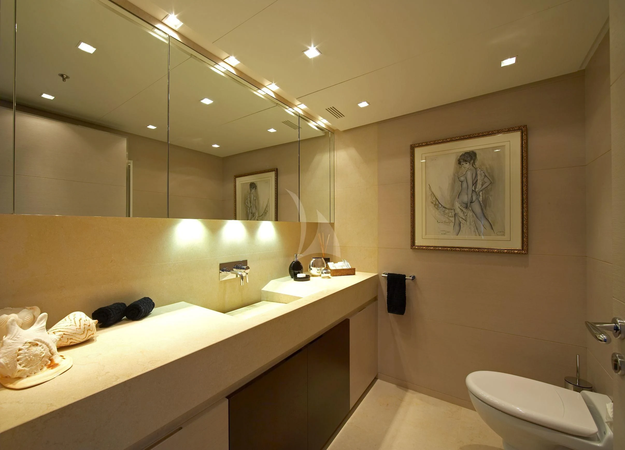 a bathroom with a large mirror aboard BURKUT Yacht for Sale