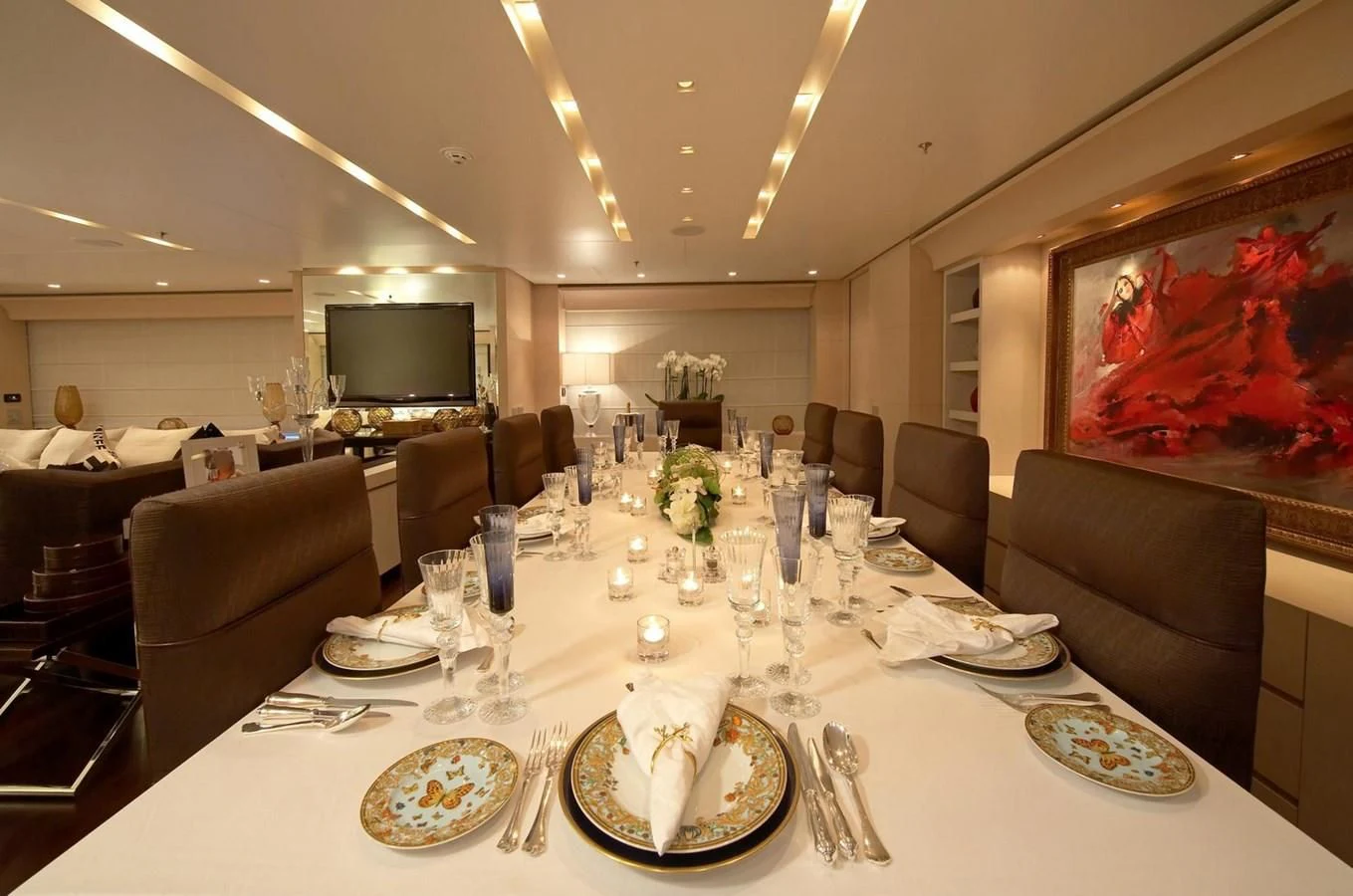 a large dining room with a large table and chairs aboard BURKUT Yacht for Sale