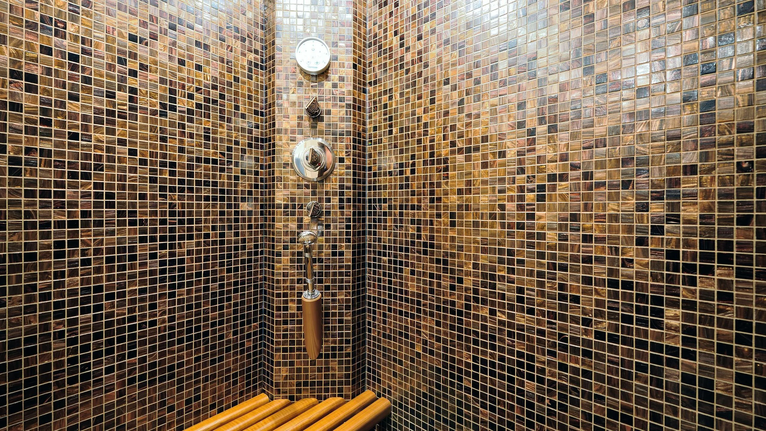a bathroom with a shower aboard CLARISSA Yacht for Sale
