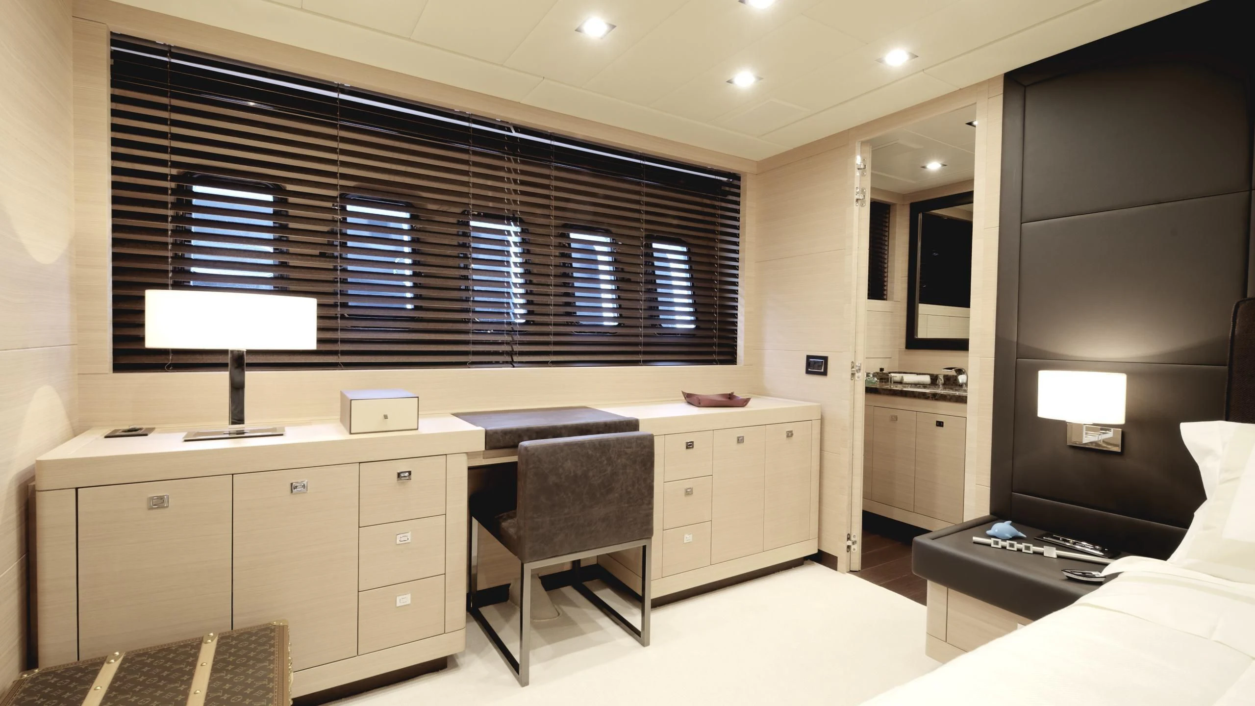 a room with a desk and a chair aboard CLARISSA Yacht for Sale