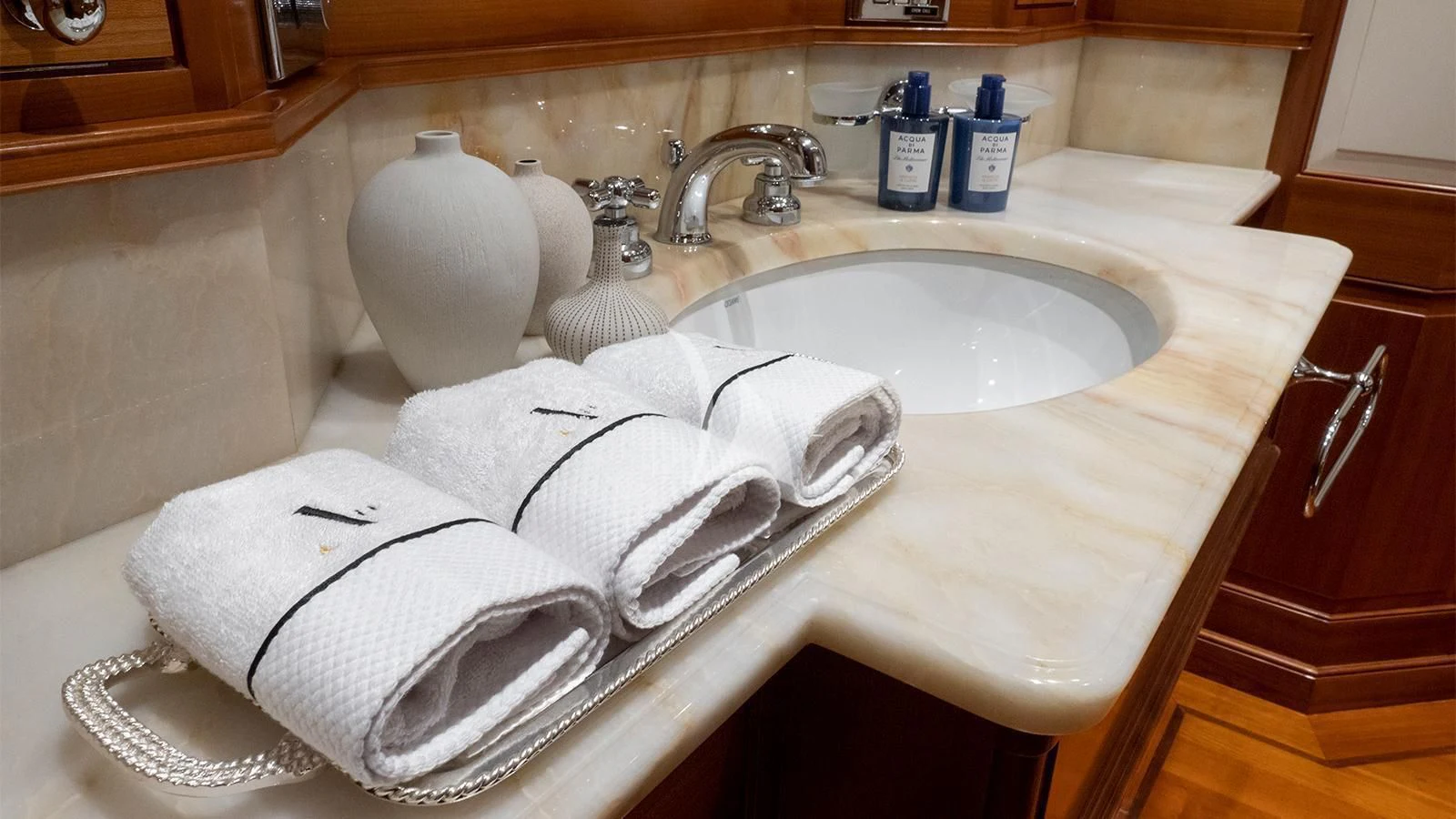 a towel on a sink aboard ALMYRA II Yacht for Charter