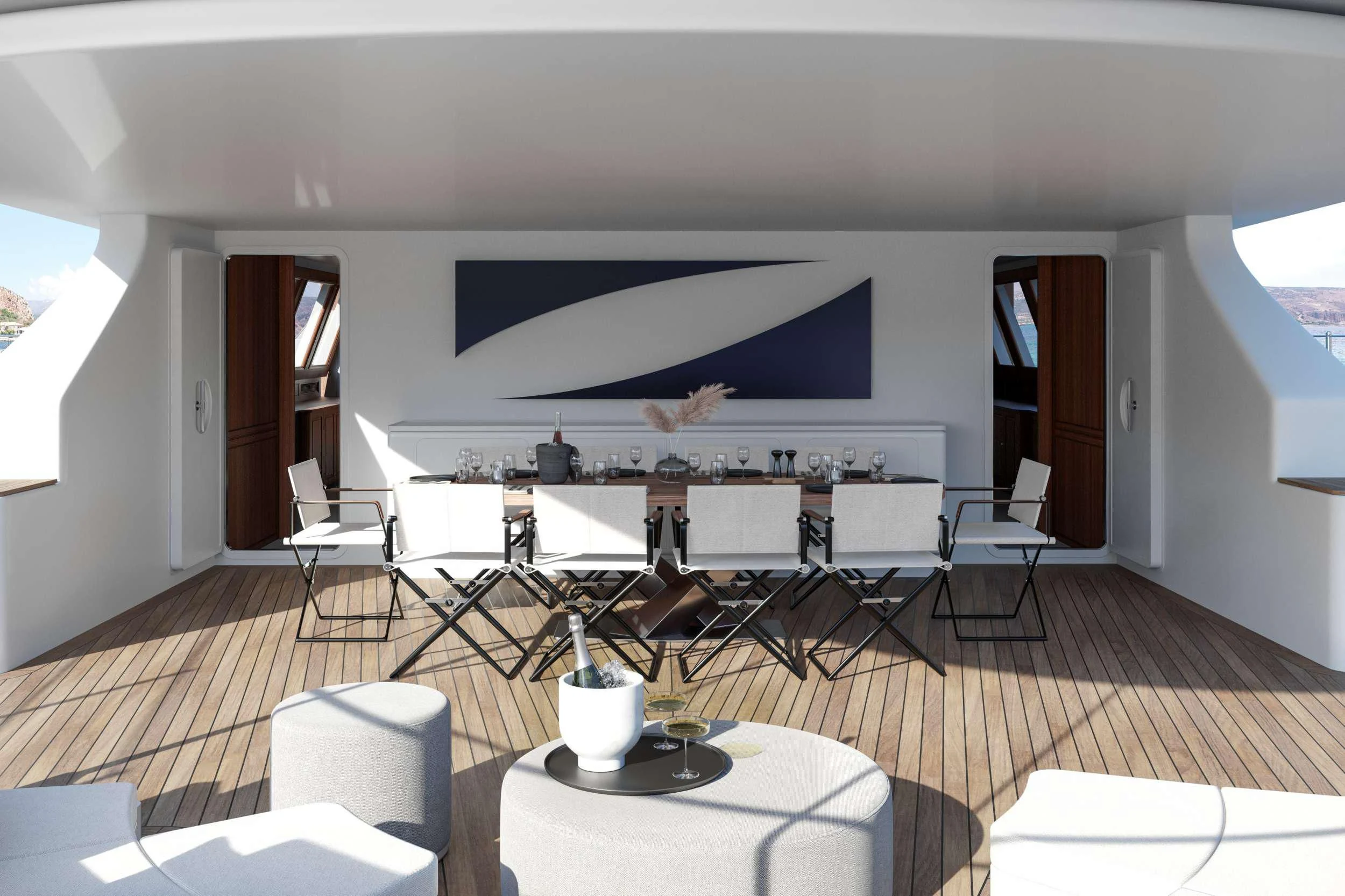 a room with a table and chairs aboard ALMYRA II Yacht for Charter