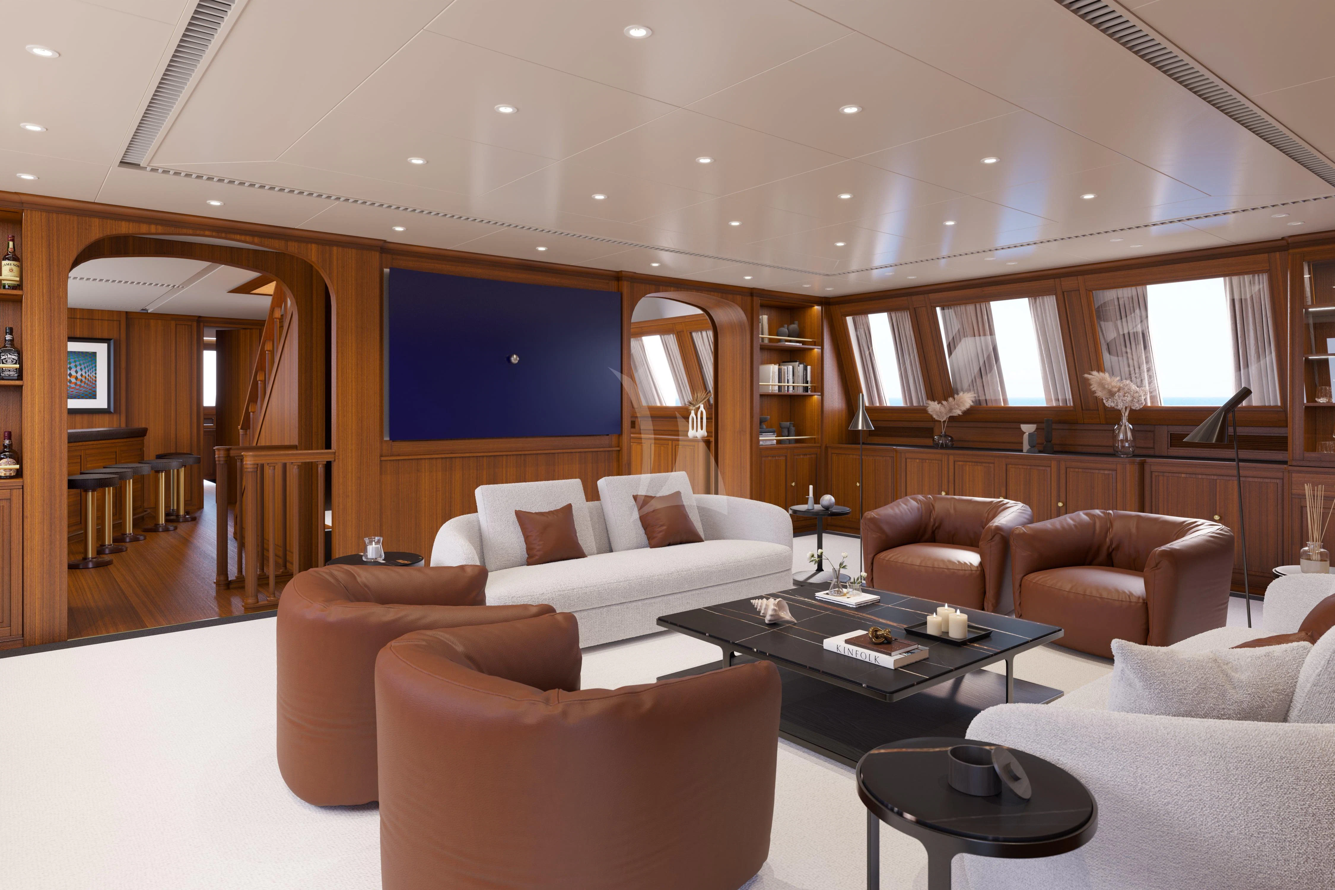 a living room with a large screen aboard ALMYRA II Yacht for Charter