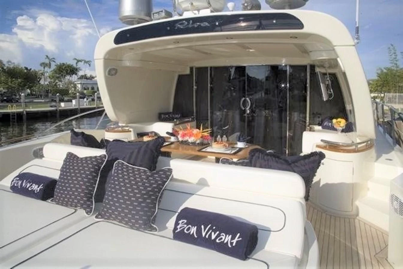 a large white tent with pillows aboard BON VIVANT Yacht for Sale