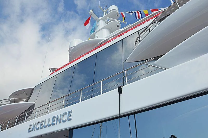 a white and blue boat aboard EXCELLENCE Yacht for Sale