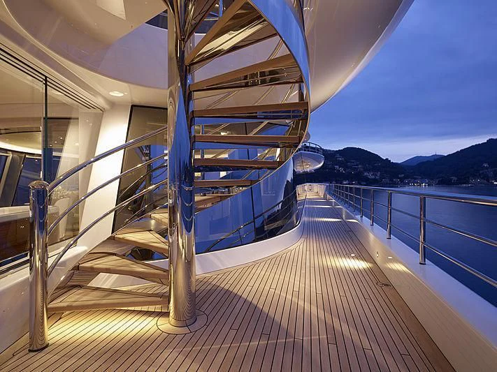 a wooden walkway over water aboard EXCELLENCE Yacht for Sale