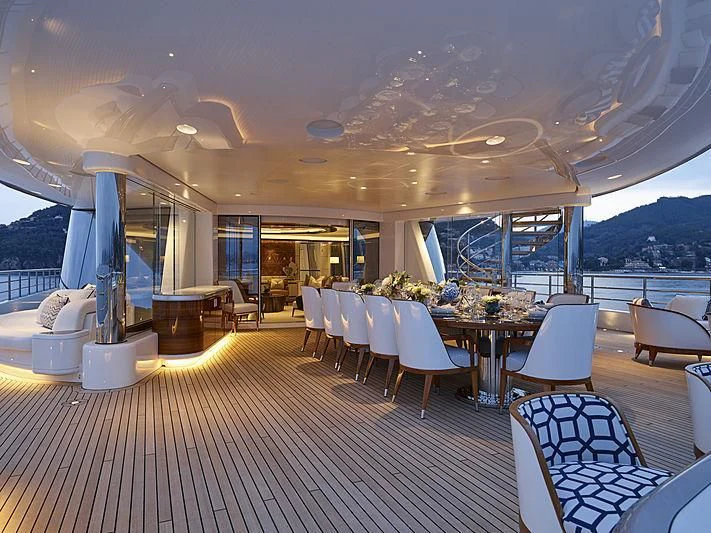a large room with tables and chairs aboard EXCELLENCE Yacht for Sale