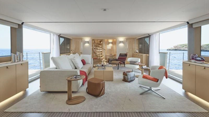a living room with a large window aboard LADY KATHLEEN Yacht for Sale