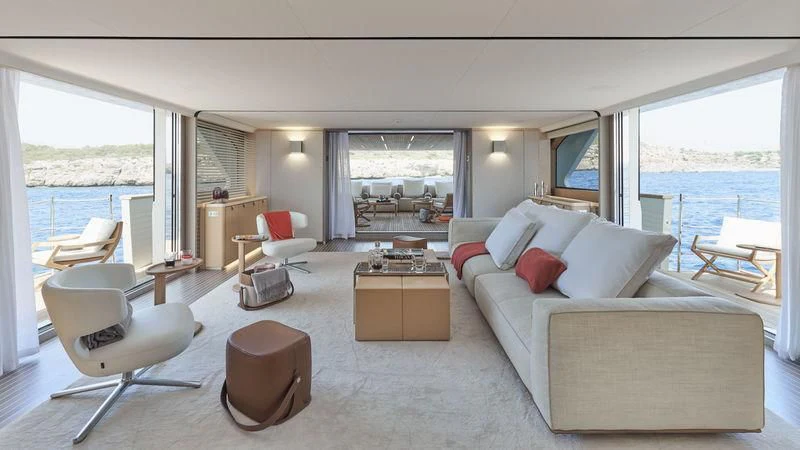 a living room with a large window aboard LADY KATHLEEN Yacht for Sale