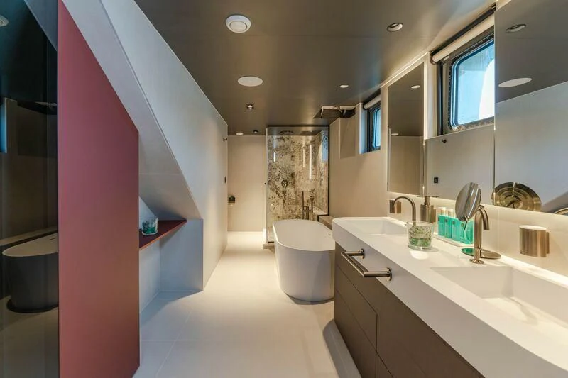 a bathroom with sinks and mirrors aboard ANETTA Yacht for Charter