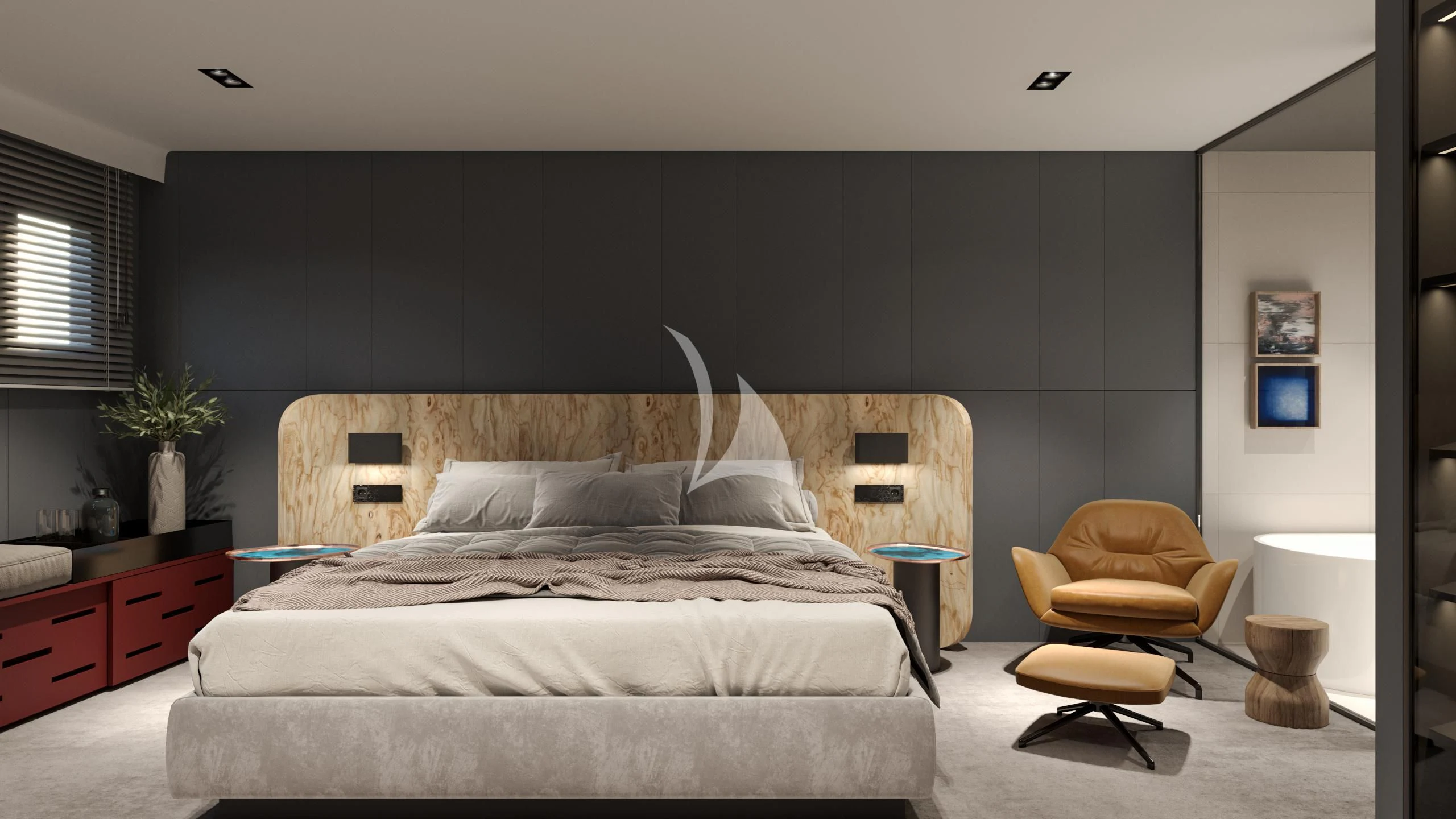 a bedroom with a bed and a chair aboard ANETTA Yacht for Charter