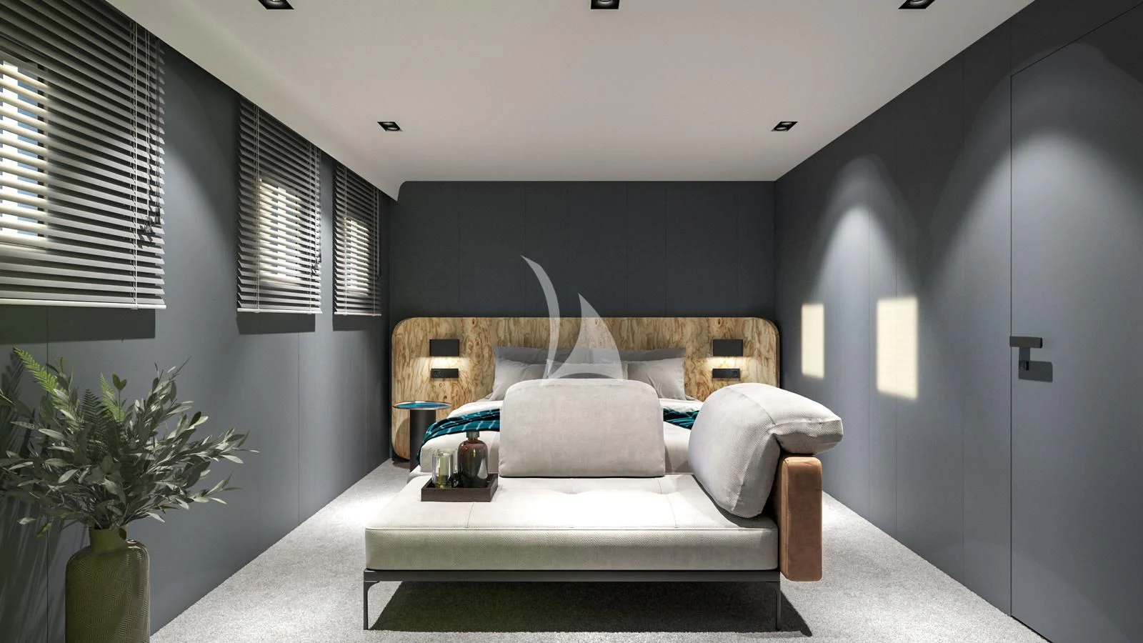 a modern bedroom with a bed aboard ANETTA Yacht for Charter