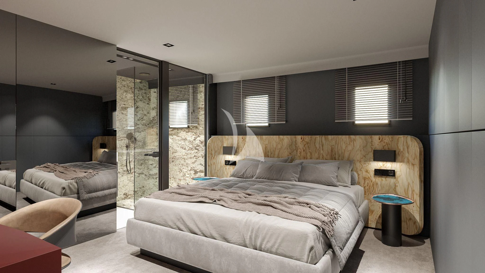 a bedroom with a bed and a window aboard ANETTA Yacht for Charter