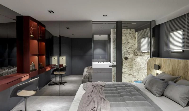 a bedroom with a bed and a desk aboard ANETTA Yacht for Charter