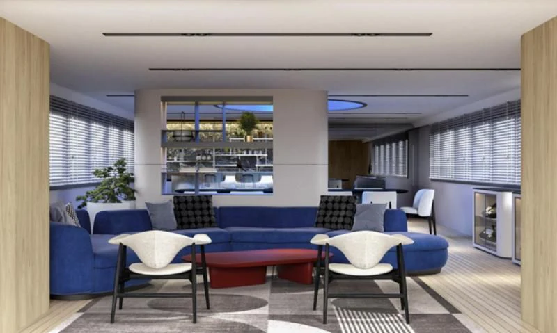 a room with a table chairs and a window aboard ANETTA Yacht for Charter