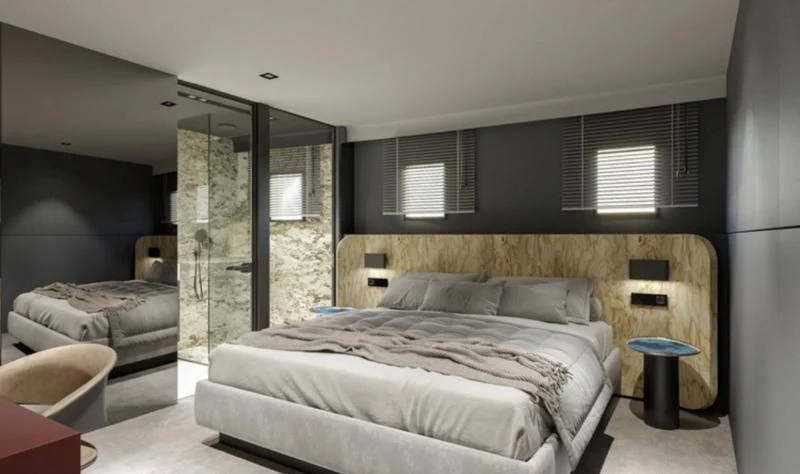 a bedroom with two beds aboard ANETTA Yacht for Charter