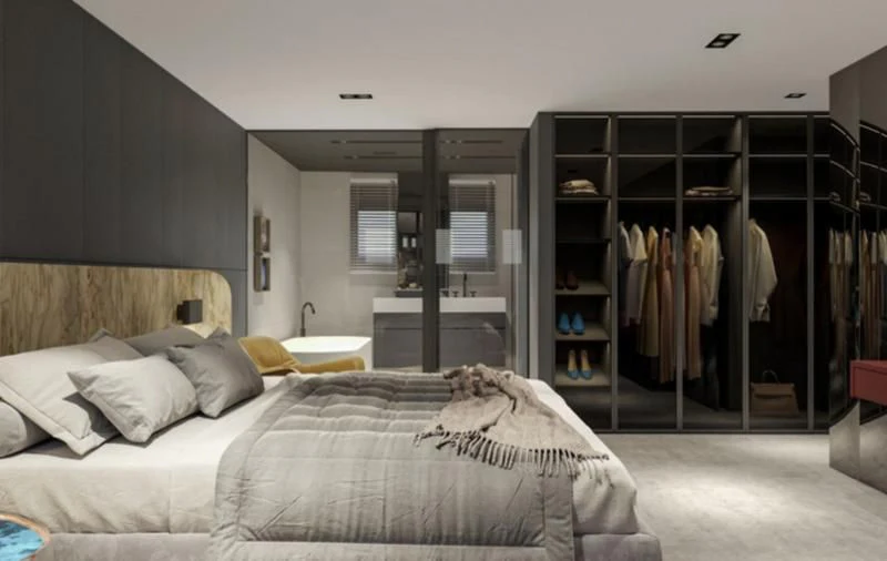 a bedroom with a bed and a closet aboard ANETTA Yacht for Charter