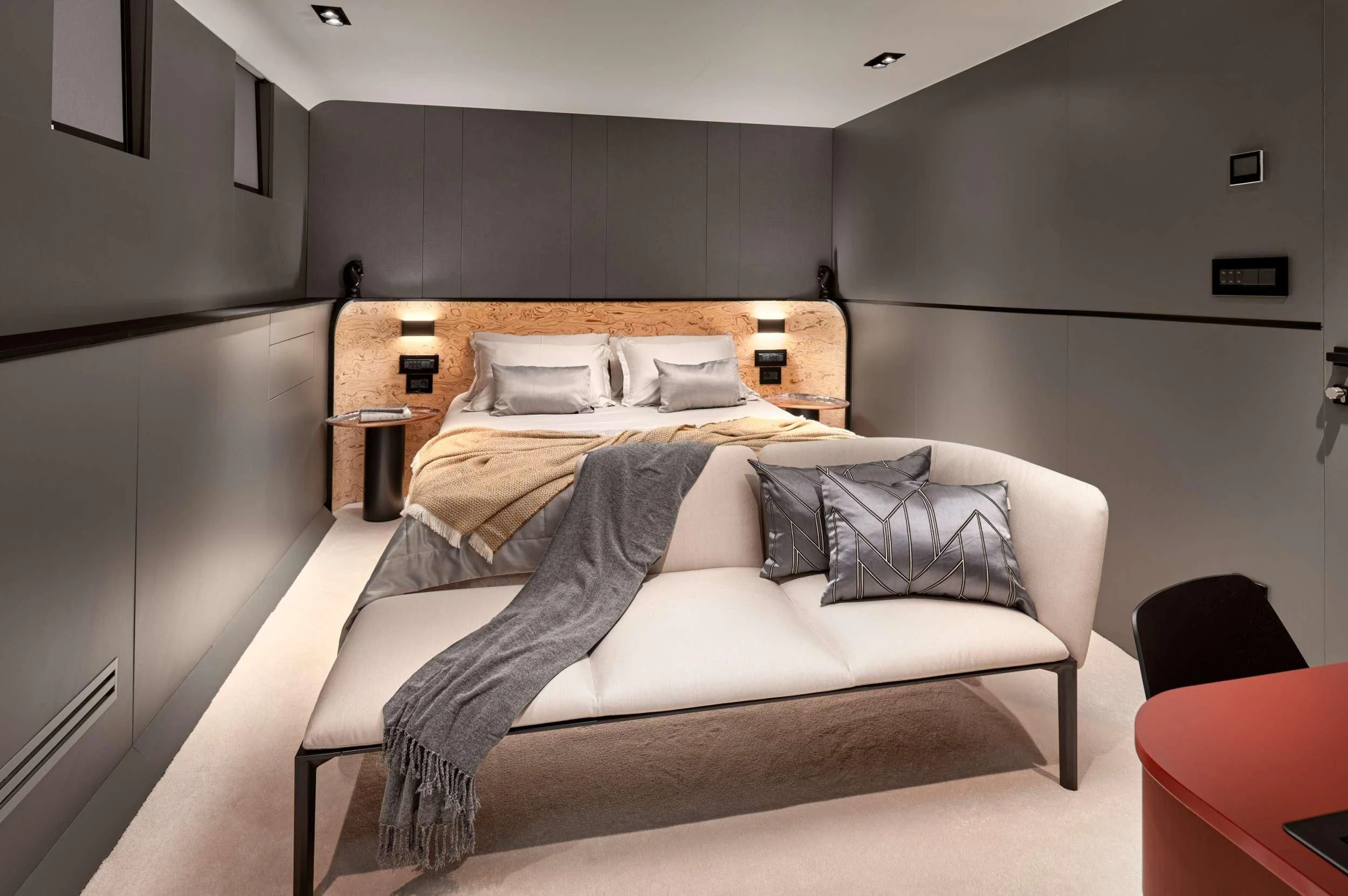 a bed in a room aboard ANETTA Yacht for Charter