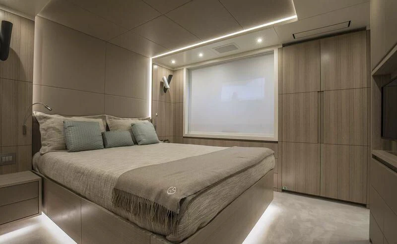 a bed in a room aboard ALEGRE Yacht for Sale