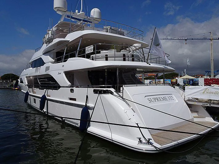 a white boat docked aboard ALEGRE Yacht for Sale