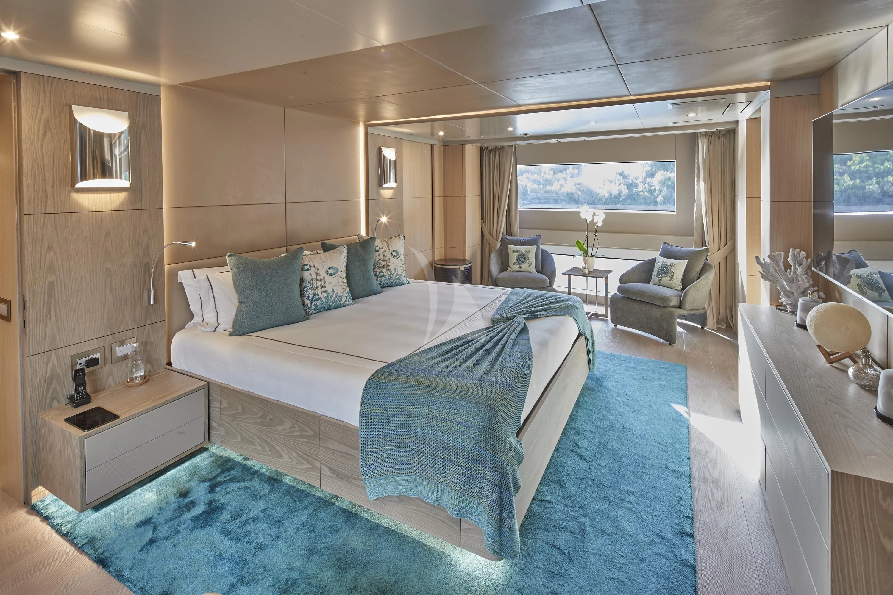 a bed in a room aboard ALEGRE Yacht for Sale