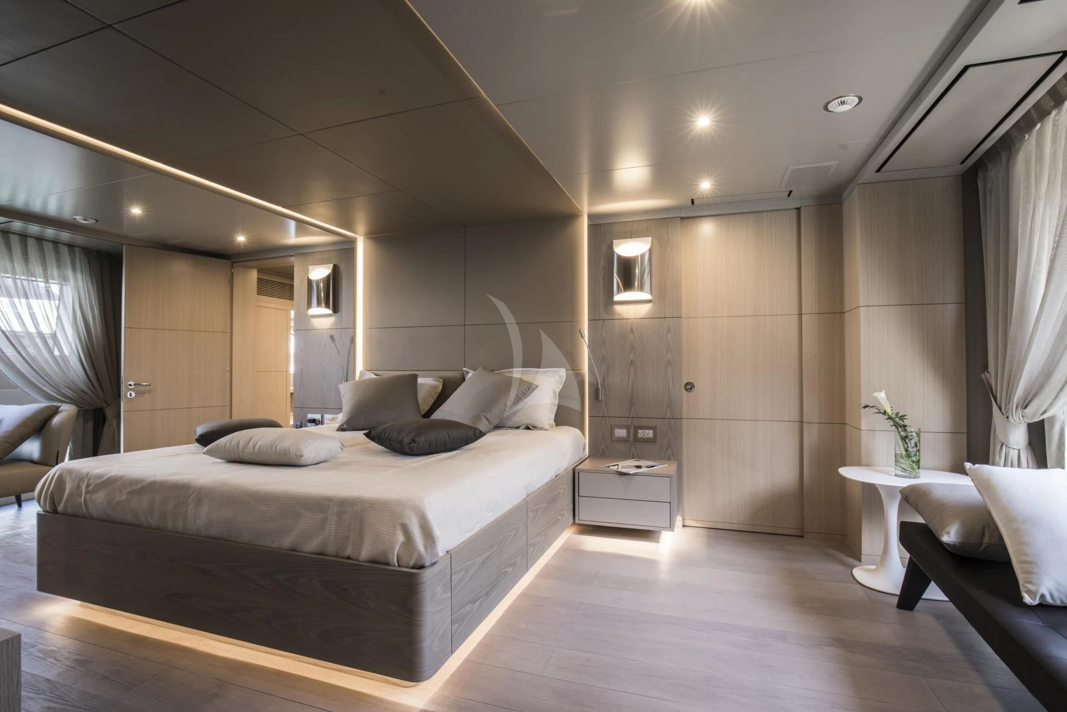 a large bedroom with a large bed aboard ALEGRE Yacht for Sale