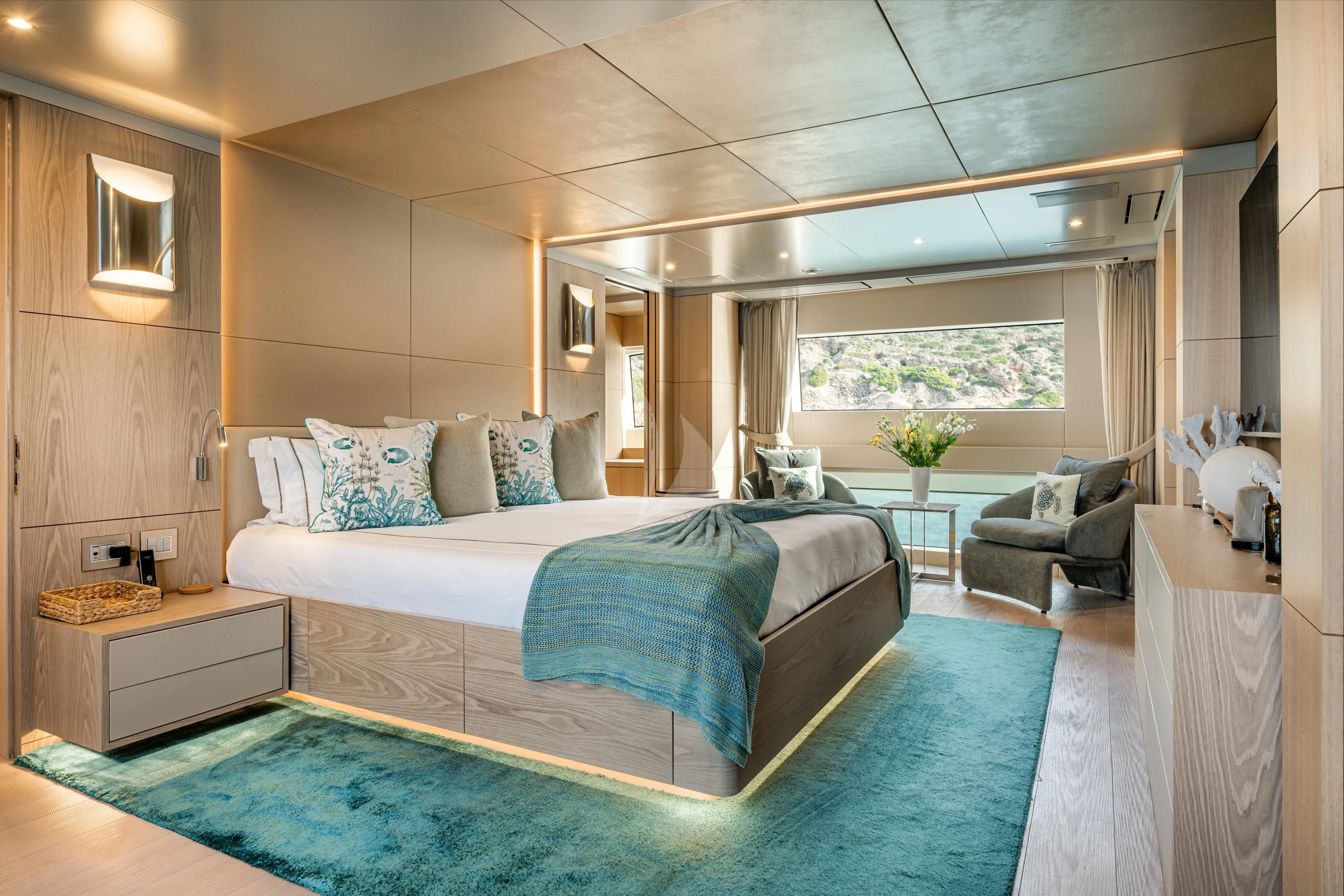 a bed in a room aboard ALEGRE Yacht for Sale